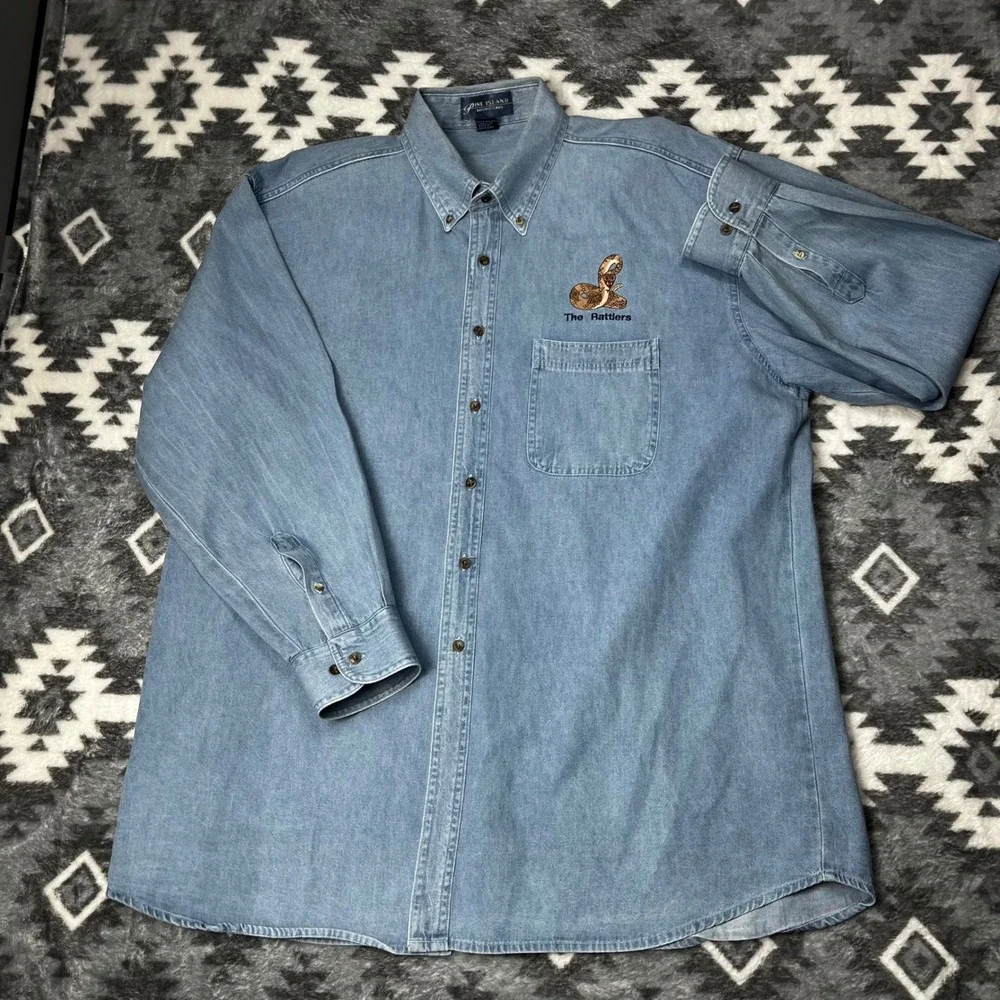 VTG Rattler Snake Embroidered Denim Shirt XL Blue Pine Island Rockabilly Work